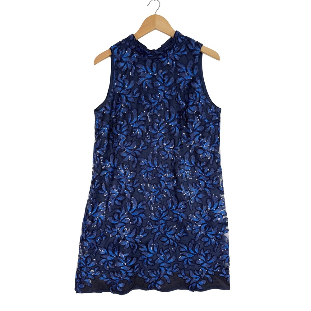 Signature by Robbie Bee Sequin Shift Dress Womens Medium Blue Tie Neck Floral